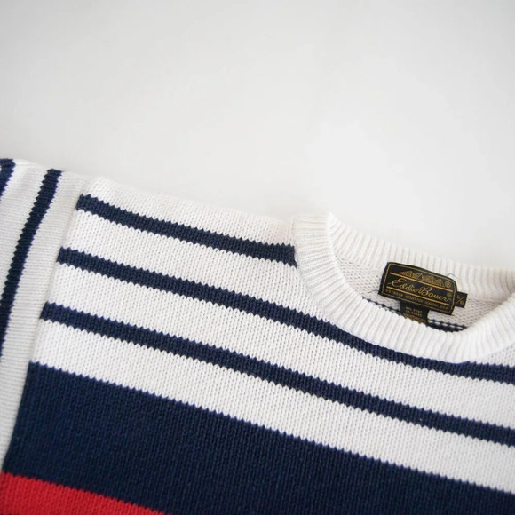 Vintage Eddie Bauer White with Red and  Blue Stripes Knit Crewneck Sweater L - Picture 11 of 11